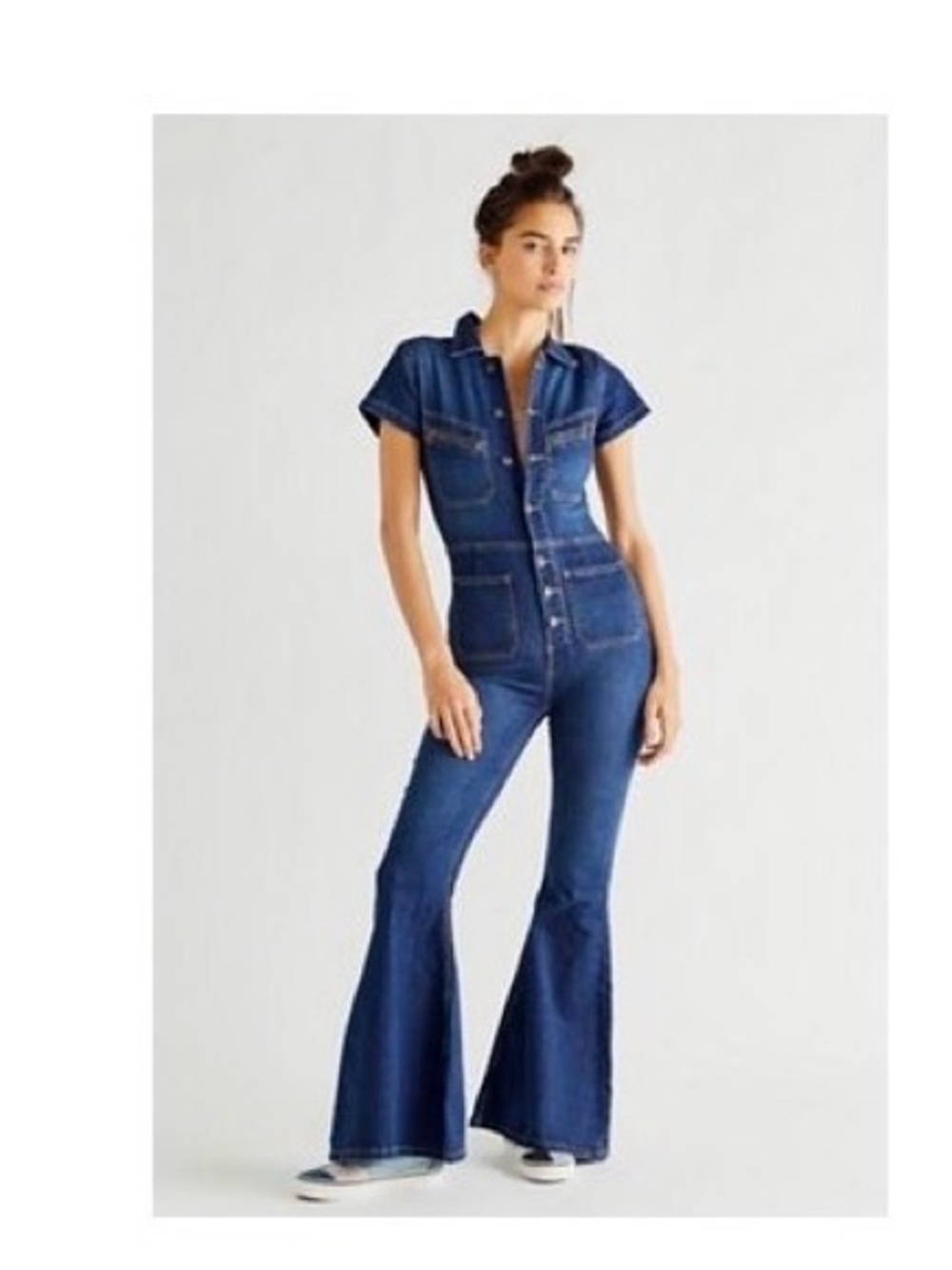 Free People Hearts Beat Coverall navy Blue Denim Fitted Flare Jumpsuit Size XL